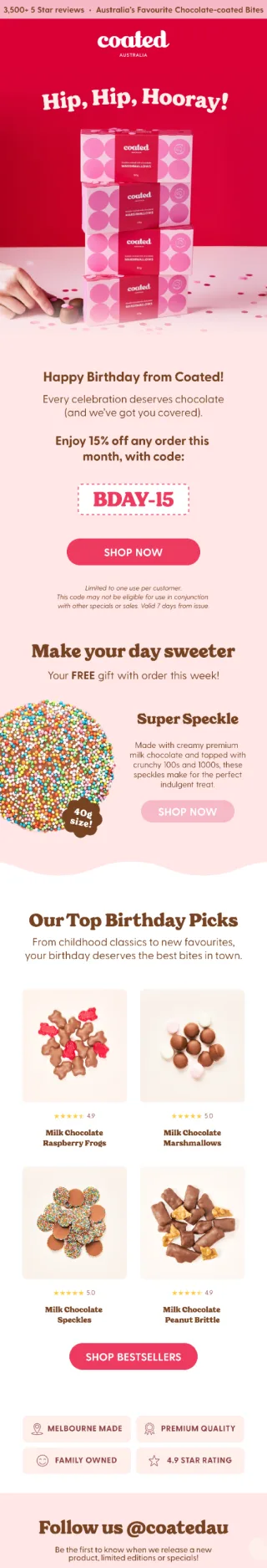 Coated flow email: hip hip hooray, the birthday offer