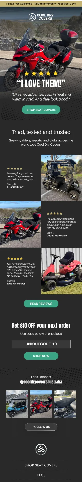 Cool Dry Covers flow email: rider reviews and a ten dollar offer