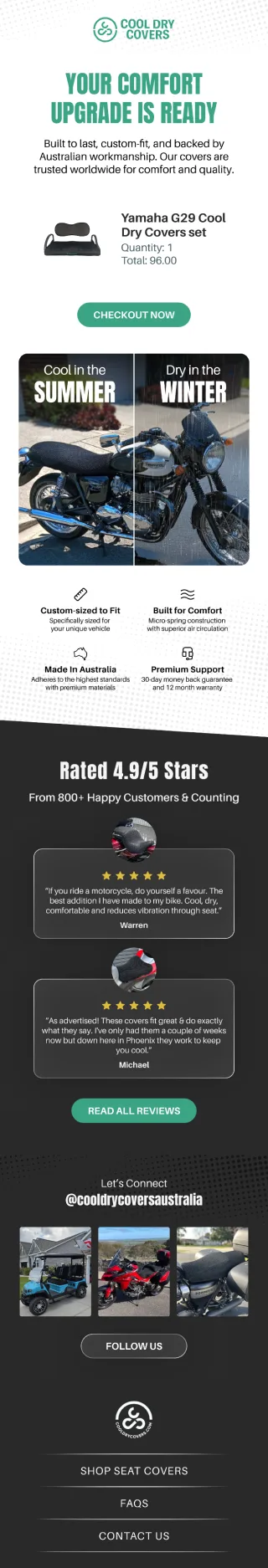 Cool Dry Covers flow email: your comfort upgrade is ready, a checkout reminder