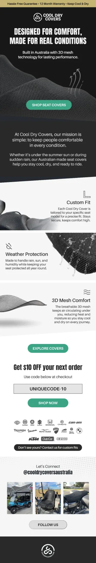 Cool Dry Covers flow email: designed for comfort, made for real conditions