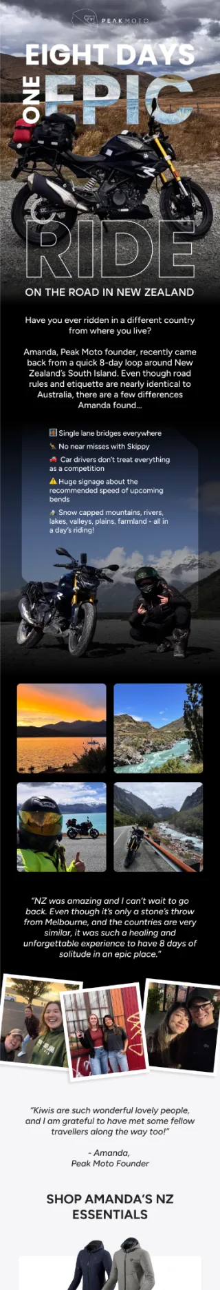 Peak Moto campaign email: eight days, one epic ride