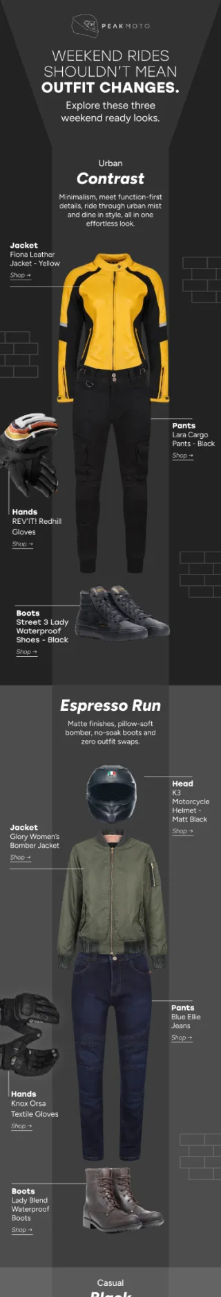 Peak Moto campaign email: weekend rides shouldn’t mean outfit changes
