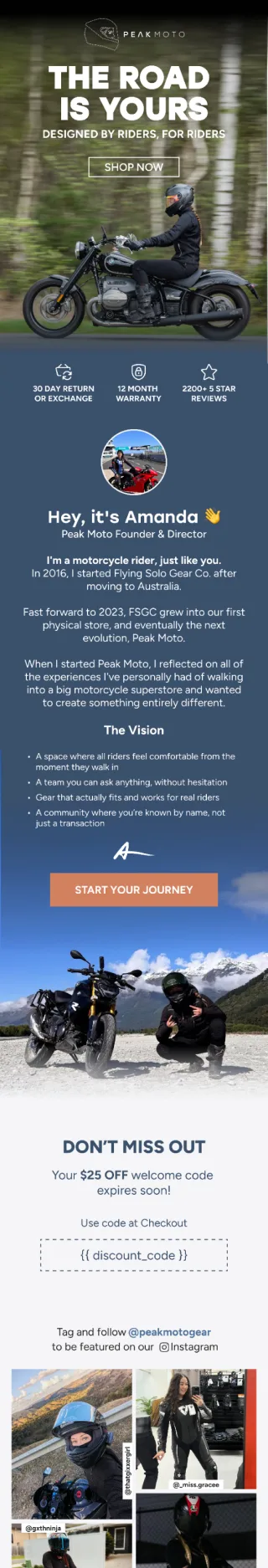 Peak Moto flow email: the road is yours, designed by riders for riders